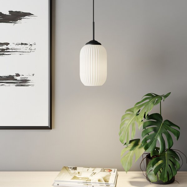 Dyberg Larsen Lampă suspendată din sticlă Riflet, Ø 14 cm, Alb, Camera de zi / sufragerie, Sticlă, Scandinavă