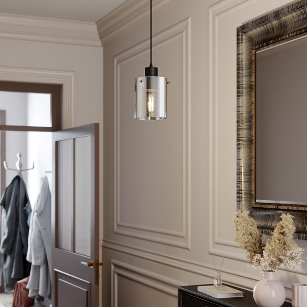 Lindby Lampă suspendată Kourtney, Ø 15 cm, negru/gri, sticlă, E27, reglabil, Negru, Camera de zi / sufragerie, Sticlă, Modern