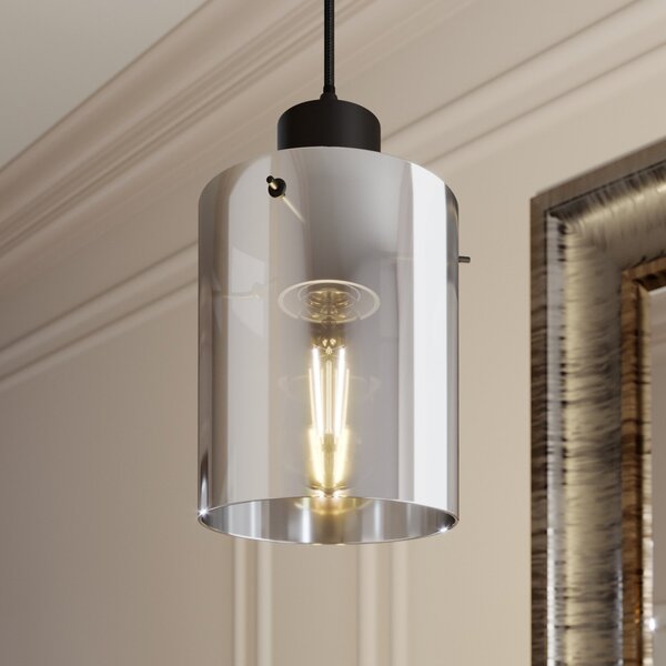 Lindby Lampă suspendată Kourtney, Ø 15 cm, negru/gri, sticlă, E27, reglabil, Negru, Camera de zi / sufragerie, Sticlă, Modern