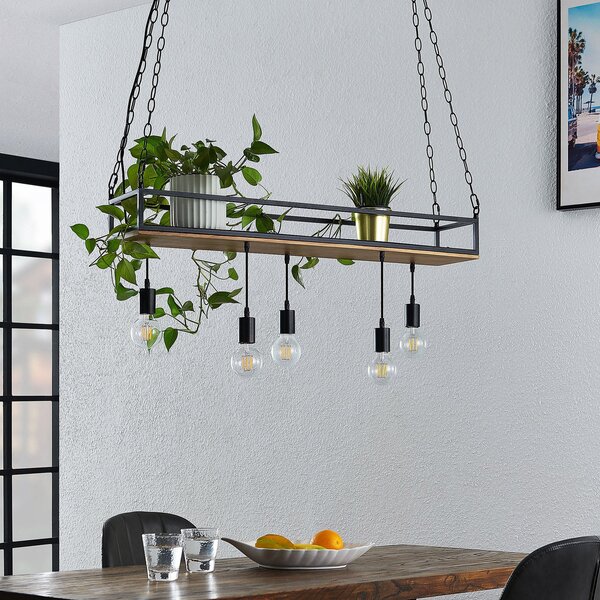 Lindby Lampă suspendată Kirista, 5 becuri, negru/lemn, 100 cm, E27, reglabil, Negru, Camera de zi / sufragerie, Metal, Vintage