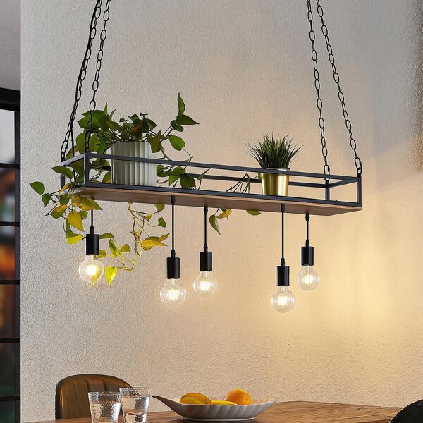 Lindby Lampă suspendată Kirista, 5 becuri, negru/lemn, 100 cm, E27, reglabil, Negru, Camera de zi / sufragerie, Metal, Vintage