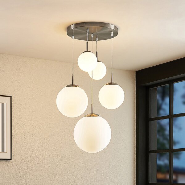 Lindby Lampă suspendată Heleska, alb, sticlă, 5 becuri, Ø 50 cm, reglabil, Gri, Camera de zi / sufragerie, Metal, Modern