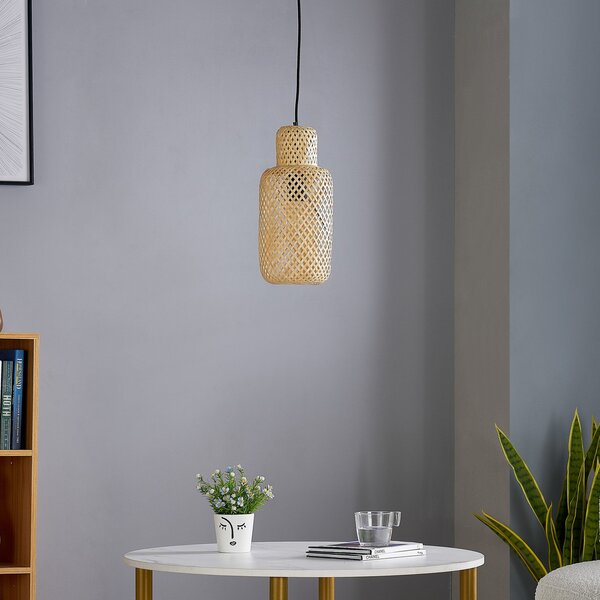 Lindby Venora lampă suspendată, Ø 15 cm, bambus, E27, reglabil, Lemn, Camera de zi / sufragerie, Bamboo, Casă de țară / Rustic