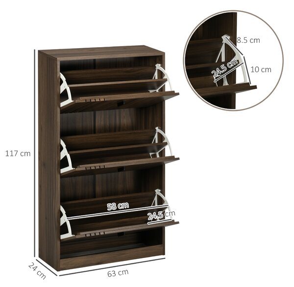 HOMCOM Dulap pentru Pantofi, Organizator de Pantofi cu 3 Sertare si Rafturi Reglabile pentru 18 Perechi, 63x24x114 cm, Nuc | Aosom Romania