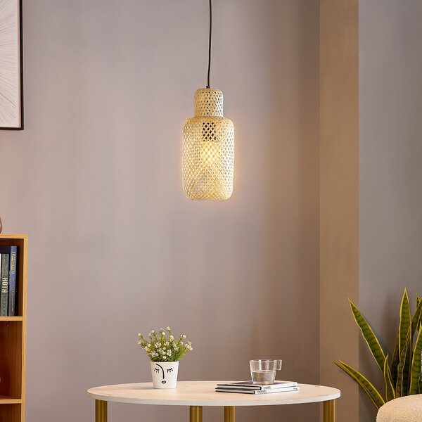 Lindby Venora lampă suspendată, Ø 15 cm, bambus, E27, reglabil, Lemn, Camera de zi / sufragerie, Bamboo, Casă de țară / Rustic