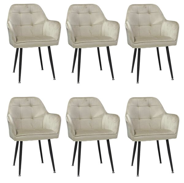 Set 6 Scaune Bucătărie Perla Cappuccino, tapițate cu material textil catifelat, picioare metalice negre, 87×45×58 cm