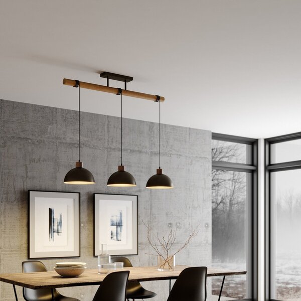Lindby Lampă suspendată Holgar, gri, 3 becuri, lemn, metal, E27, reglabil, Gri, Camera de zi / sufragerie, Metal, Design industrial