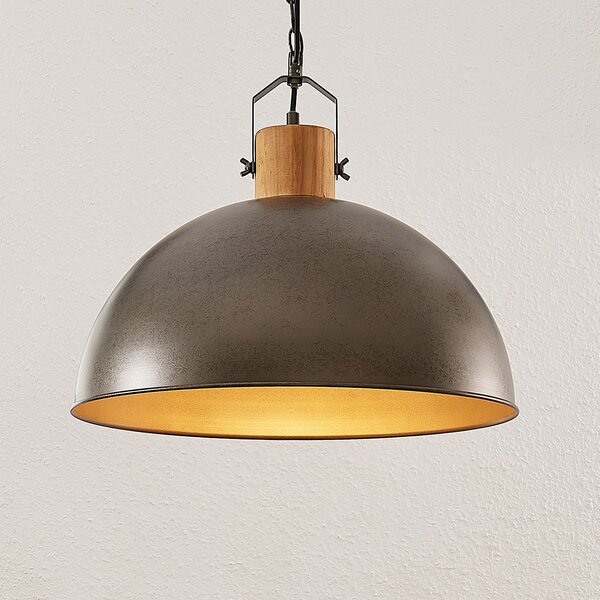 Lindby Lampă suspendată Holgar, verde, lemn, metal, Ø 45 cm, E27, reglabil, Verde, Camera de zi / sufragerie, Metal, Design industrial