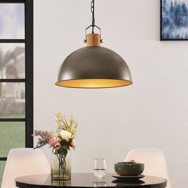 Lindby Lampă suspendată Holgar, verde, lemn, metal, Ø 45 cm, E27, reglabil, Verde, Camera de zi / sufragerie, Metal, Design industrial