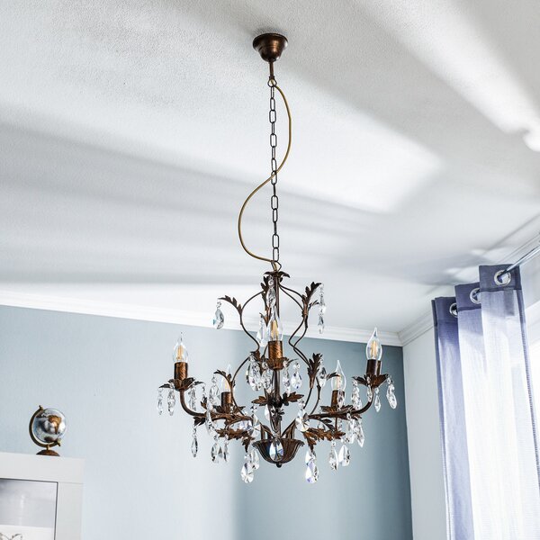 ONLI Candelabru Teresa cu cristale, 5 becuri, reglabil, Bronz / Alamă Veche, Camera de zi / sufragerie, Metal, Antichitate