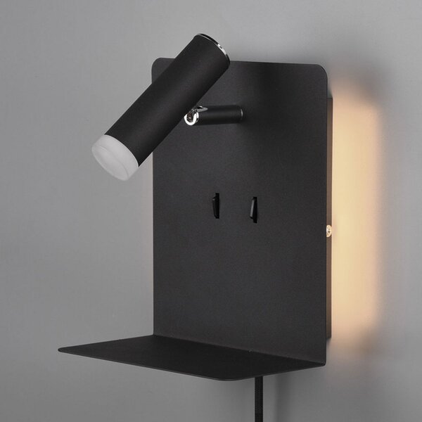 Trio Lighting LED lampă de perete Element cu raft negru mat, Negru, Camera de zi / sufragerie, Metal, Modern
