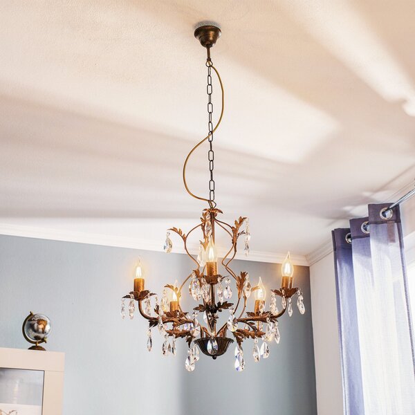 ONLI Candelabru Teresa cu cristale, 5 becuri, reglabil, Bronz / Alamă Veche, Camera de zi / sufragerie, Metal, Antichitate