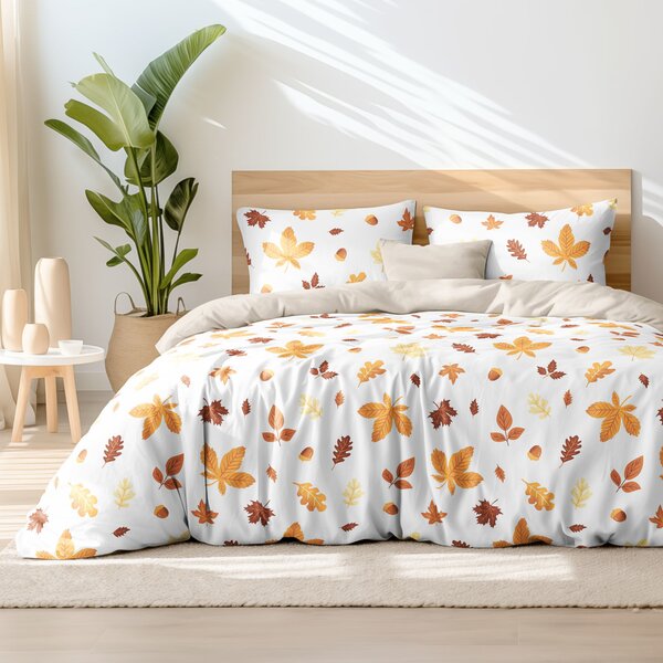Goldea lenjerie de pat din 100% bumbac duo - frunze de toamnă cu latte 150 x 200 și 50 x 60 cm