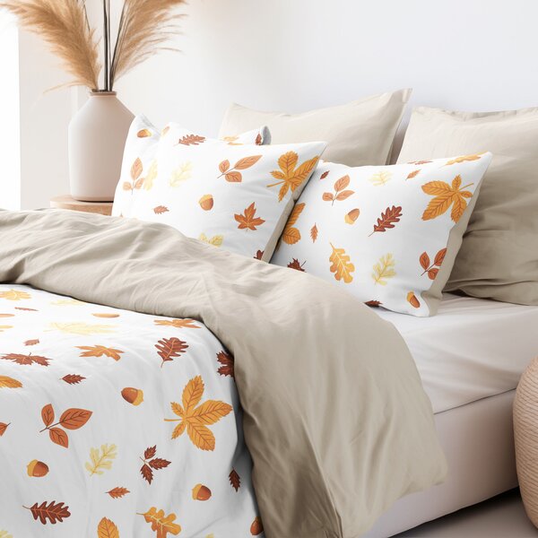 Goldea lenjerie de pat din 100% bumbac duo - frunze de toamnă cu latte 150 x 200 și 50 x 60 cm