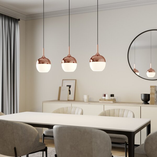 Lindby Lampă suspendată Rangina, 100 cm, cupru, 3 becuri, sticlă, reglabil, Cupru, Camera de zi / sufragerie, Sticlă, Modern