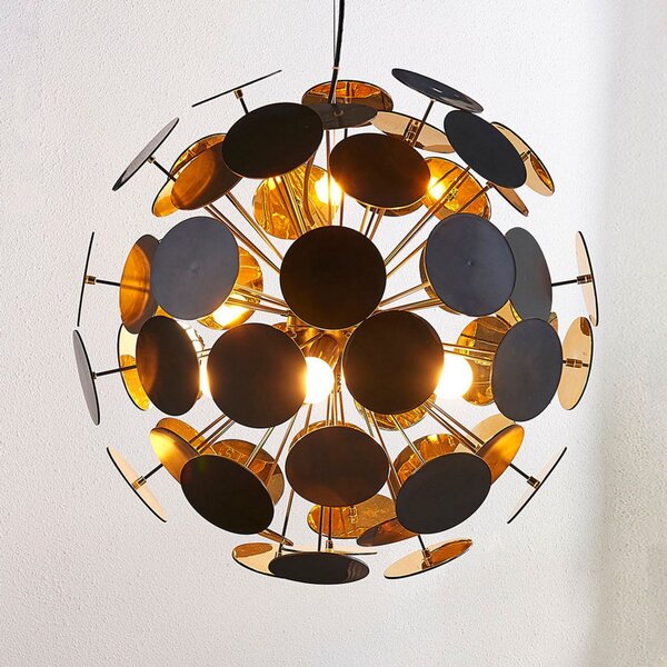 Lindby Lampă suspendată Kinan, Ø 54 cm, negru, auriu, metal, reglabil, Negru, Camera de zi / sufragerie, Plastic, Modern