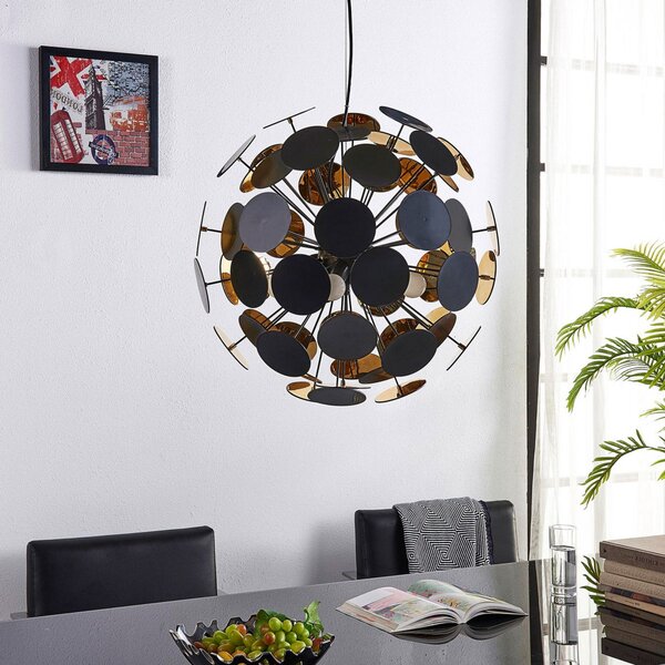 Lindby Lampă suspendată Kinan, Ø 54 cm, negru, auriu, metal, reglabil, Negru, Camera de zi / sufragerie, Plastic, Modern