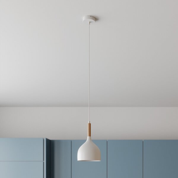 Luminex Lampă suspendată Noak, alb/lemn natural, Ø 17 cm, reglabil, Alb, Camera de zi / sufragerie, Metal, Modern