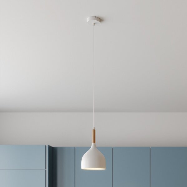 Luminex Lampă suspendată Noak, alb/lemn natural, Ø 17 cm, reglabil, Alb, Camera de zi / sufragerie, Metal, Modern
