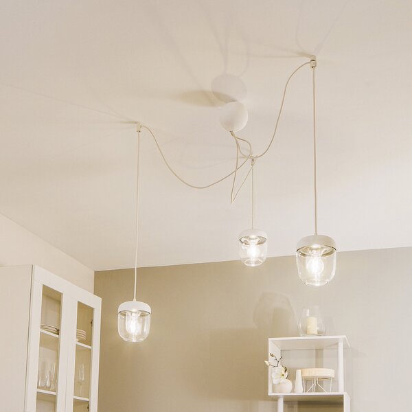 UMAGE Acorn lampă suspendată 3 becuri alb/oțel, reglabil, Alb, Camera de zi / sufragerie, Sticlă, Design
