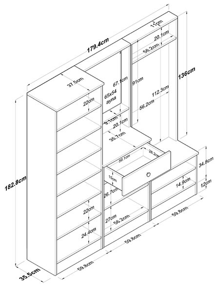 Mobilier hol Pixie 2 (nuc + alb) (cu oglindă). 1102449