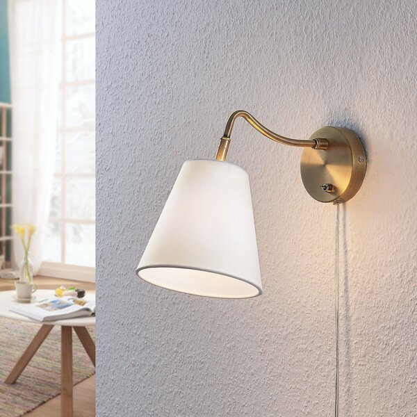Lindby Aplică de perete Ethan, alb/alamă veche, priză, 28 cm, E14, Auriu / Alamă, Camera de zi / sufragerie, Țesătură / Textil, Antichitate