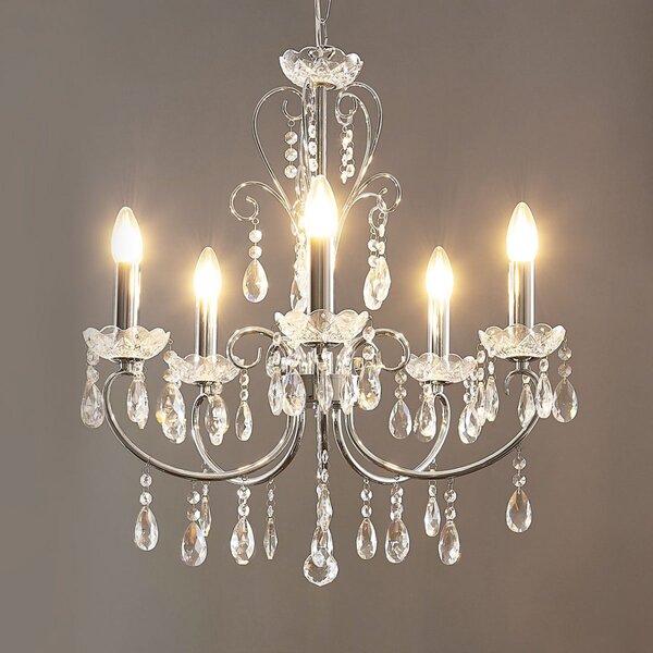 Lucande candelabru Solveig, Ø 60 cm, 5 becuri, crom, reglabil, Metalic, Camera de zi / sufragerie, Cristal