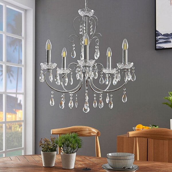 Lucande candelabru Solveig, Ø 60 cm, 5 becuri, crom, reglabil, Metalic, Camera de zi / sufragerie, Cristal