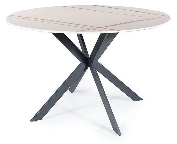 Masa TALIA, alb cu efect de marmura/negru mat, ceramica/metal, 90x90x75 cm