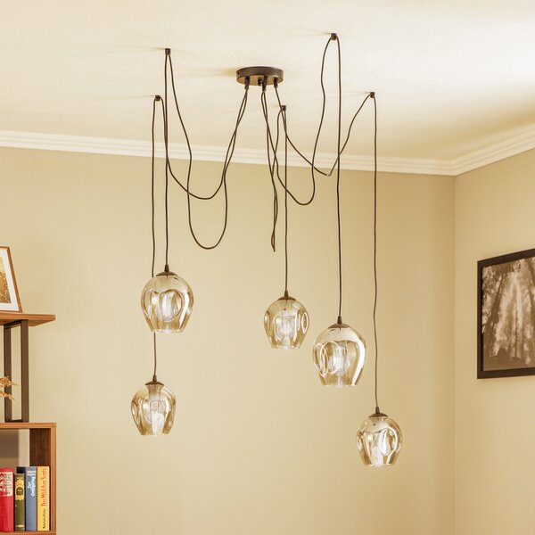 EMIBIG LIGHTING Lampă suspendată Starla decentrată cu 5 becuri, sticlă grafit, reglabil, Negru, Camera de zi / sufragerie, Sticlă, Modern