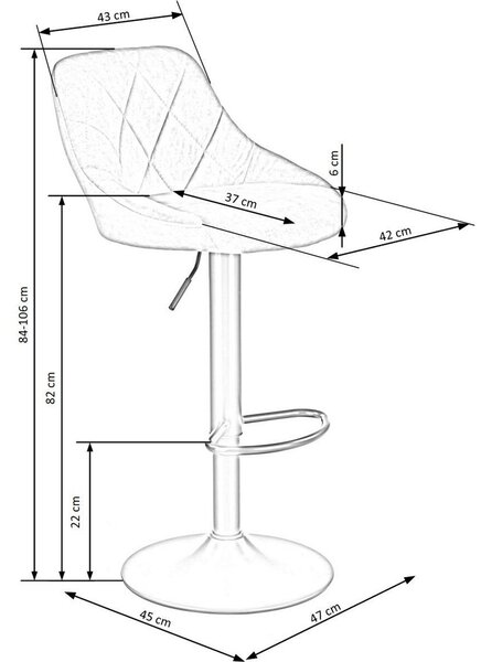 Scaun bar H101, albastru/negru, stofa catifelata/metal, 47x45x84/106 cm