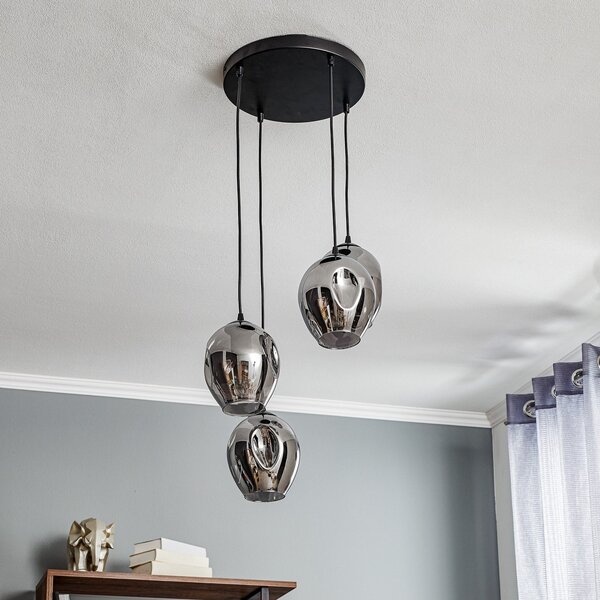 EMIBIG LIGHTING Lampă suspendată Starla rotundă cu 4 becuri, sticlă grafit, reglabil, Negru, Camera de zi / sufragerie, Sticlă, Modern