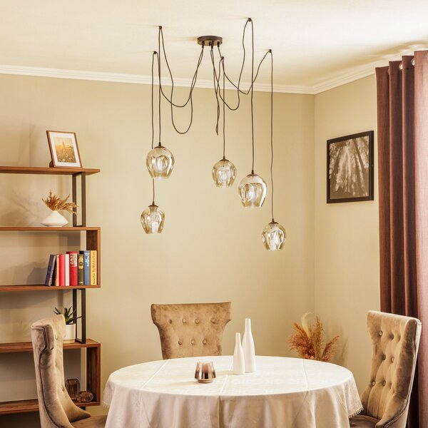 EMIBIG LIGHTING Lampă suspendată Starla decentrată cu 5 becuri, sticlă grafit, reglabil, Negru, Camera de zi / sufragerie, Sticlă, Modern