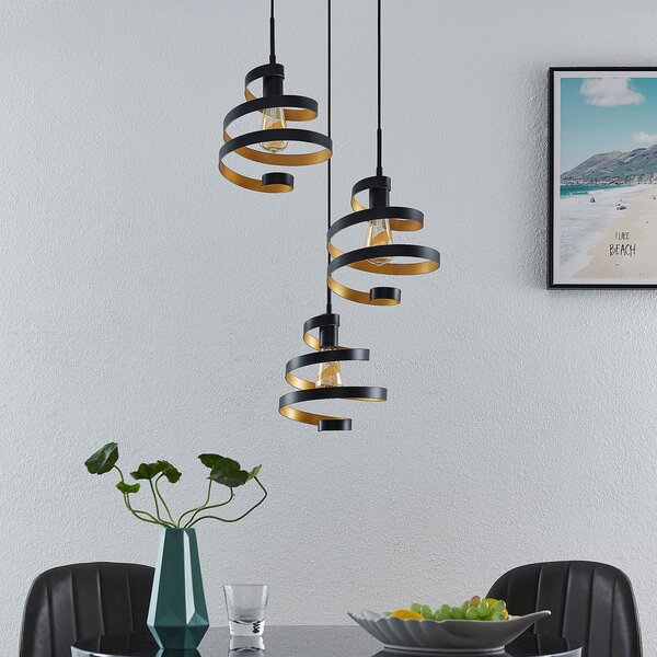 Lindby Colten lampă suspendată, Ø 50 cm, 3 becuri, negru, auriu, reglabil, Negru, Camera de zi / sufragerie, Metal, Design