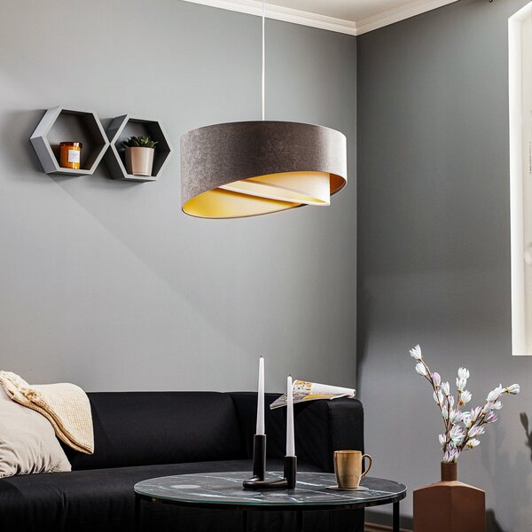 Maco Design Lampă suspendată Vivien, tricoloră, gri/alb/auriu, reglabil, Gri, Camera de zi / sufragerie, Țesătură / Textil, Modern