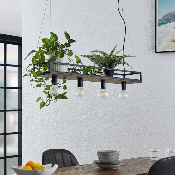 Lindby Lampă suspendată Kirista, 4 becuri, negru/lemn, 100 cm, E27, reglabil, Negru, Camera de zi / sufragerie, Metal, Vintage