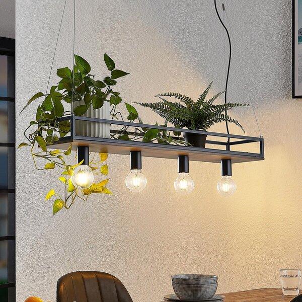 Lindby Lampă suspendată Kirista, 4 becuri, negru/lemn, 100 cm, E27, reglabil, Negru, Camera de zi / sufragerie, Metal, Vintage