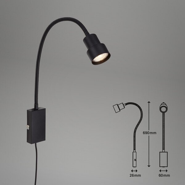 Briloner Tusi aplică LED cu braț flexibil, neagră, Negru, dormitor, Metal, Modern