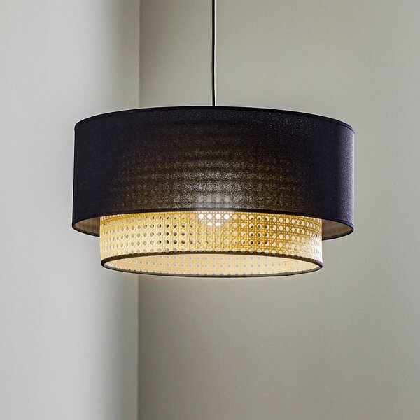 Duolla Lampă suspendată Boho, negru/lemn, Ø 45 cm, material textil/ratan, reglabil, Negru, Camera de zi / sufragerie, Țesătură / Textil, Casă de țară / Rustic