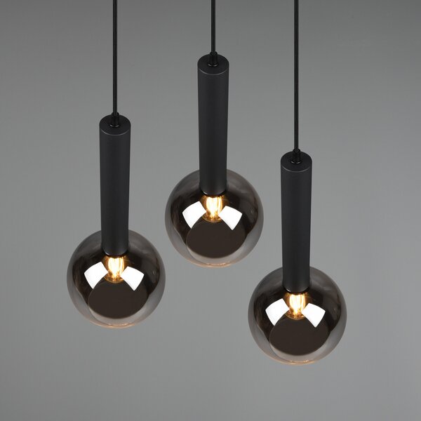 Trio Lighting Lampă suspendată Clayton, trei lumini, reglabil, Negru, Camera de zi / sufragerie, Sticlă