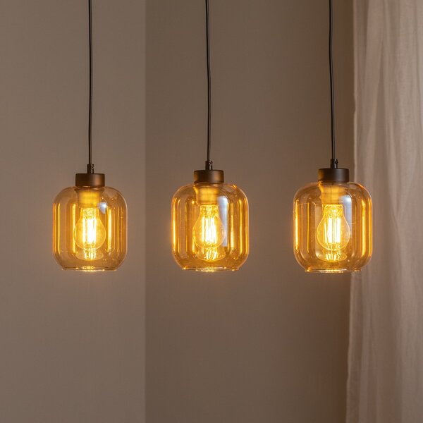 Eko-Light Lampă suspendată Sombra, chihlimbar, 3 becuri, alungită, reglabil, Negru, Camera de zi / sufragerie, Sticlă