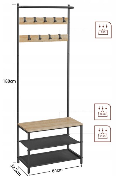 Perete de hol metalic LOFT 180 cm, negru/dub sonoma