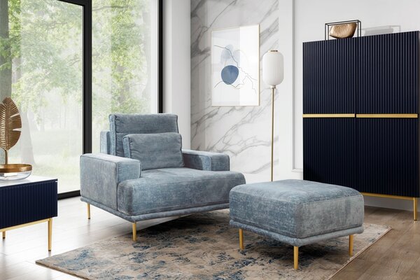 Fotoliu relaxare Livani pentru living - chenille albastru Miu 2051 / picioare aurii