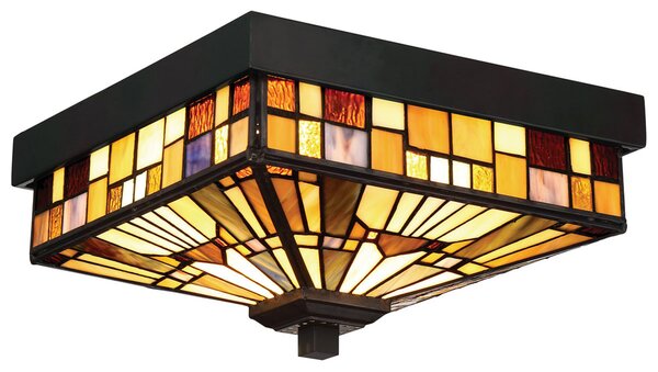 QUOIZEL Plafonieră de exterior Inglenook, sticlă colorată, reglabil, Bronz / Alamă Veche, Metal, Tiffany