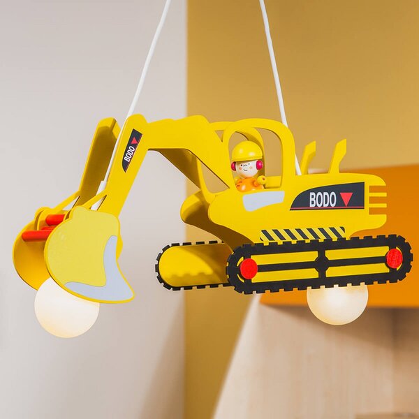 Elobra Lampă suspendată Bodo în formă de excavator, reglabil, Galben, Camera copiilor, Lemn