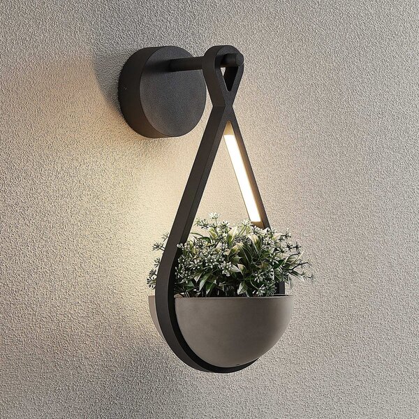 Lucande LED lumina de perete în aer liber Florka, piatră naturală, coș agățat, Gri, Metal, Modern