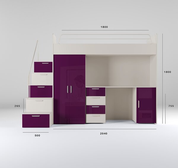 Pat pentru copii Ruby IV S (cașmir + violet lucios) (cu somiere). 1121256
