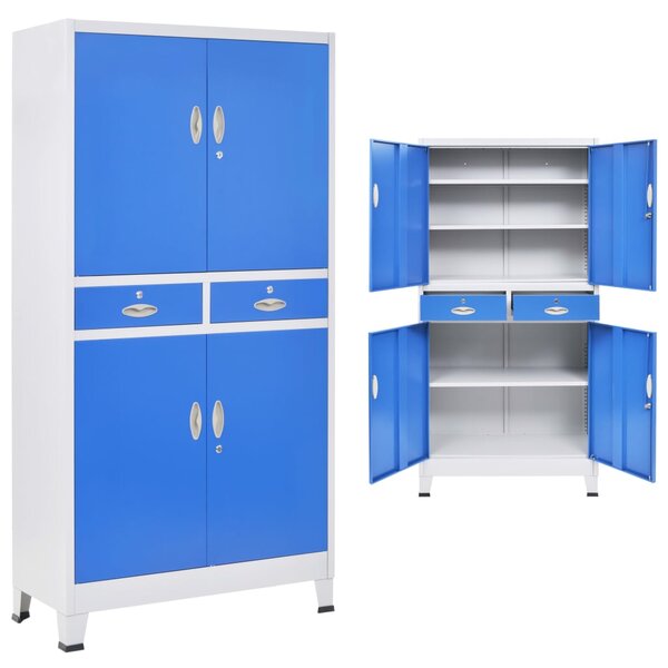 Dulap de birou, 4 usi, metal 90 x 40 x 180 cm, gri si albastru Albastru