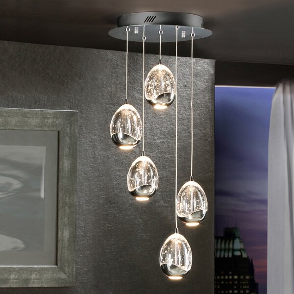Schuller Valencia Lampă suspendată cu LED Rocio, 5fl., rotundă, metal, sticlă, crom, reglabil, Transparent, Camera de zi / sufragerie, Metal
