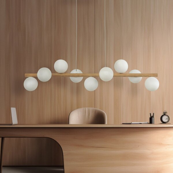 TK Lighting Lampă suspendată Estera, sticlă opală, lemn, nouă lumini, reglabil, Lemn, Camera de zi / sufragerie, Sticlă, glob